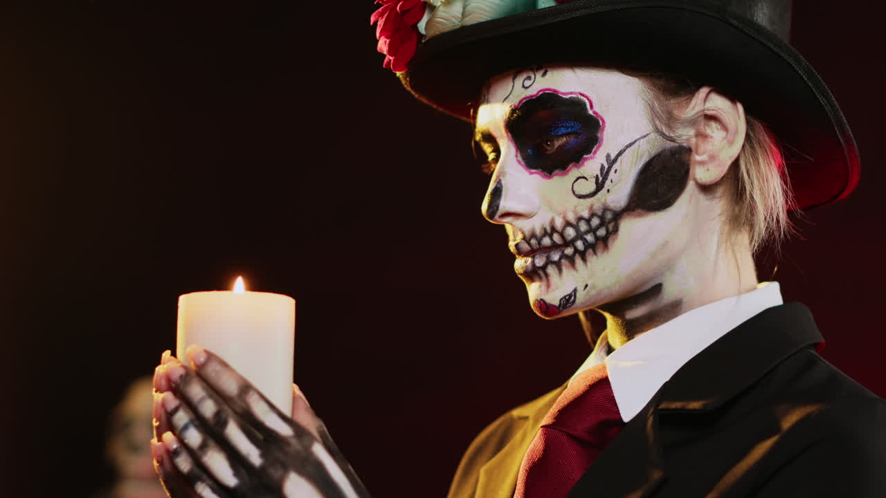 Woman with Sugar Skull Makeup Holding a Candle