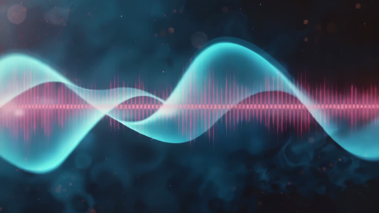 On start waveform shifting ribbon and varying bars in cosmic backdrop, visualizing audio levels