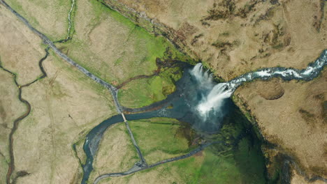 bird's eye view of seljalandsfoss waterfall in south iceland, famous icelandic landmark attraction