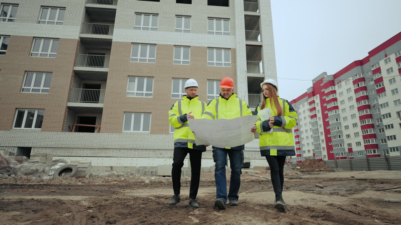 inspección de la construcción de un nuevo objeto de construcción dos capatazes masculinos y una arquitecta en el sitio de construcción
