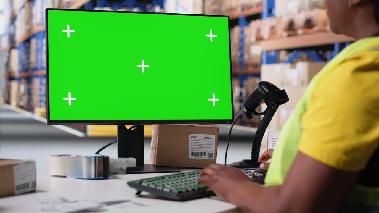 African American employee uses isolated mockup screen on computer