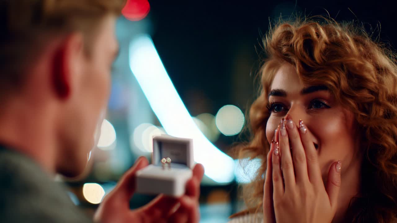 Emotional Engagement: A Romantic Proposal Captured in Two Frames, Showcasing Joy, Surprise, and Love Amidst a Beautiful Night Cityscape with Meaningful Symbolism