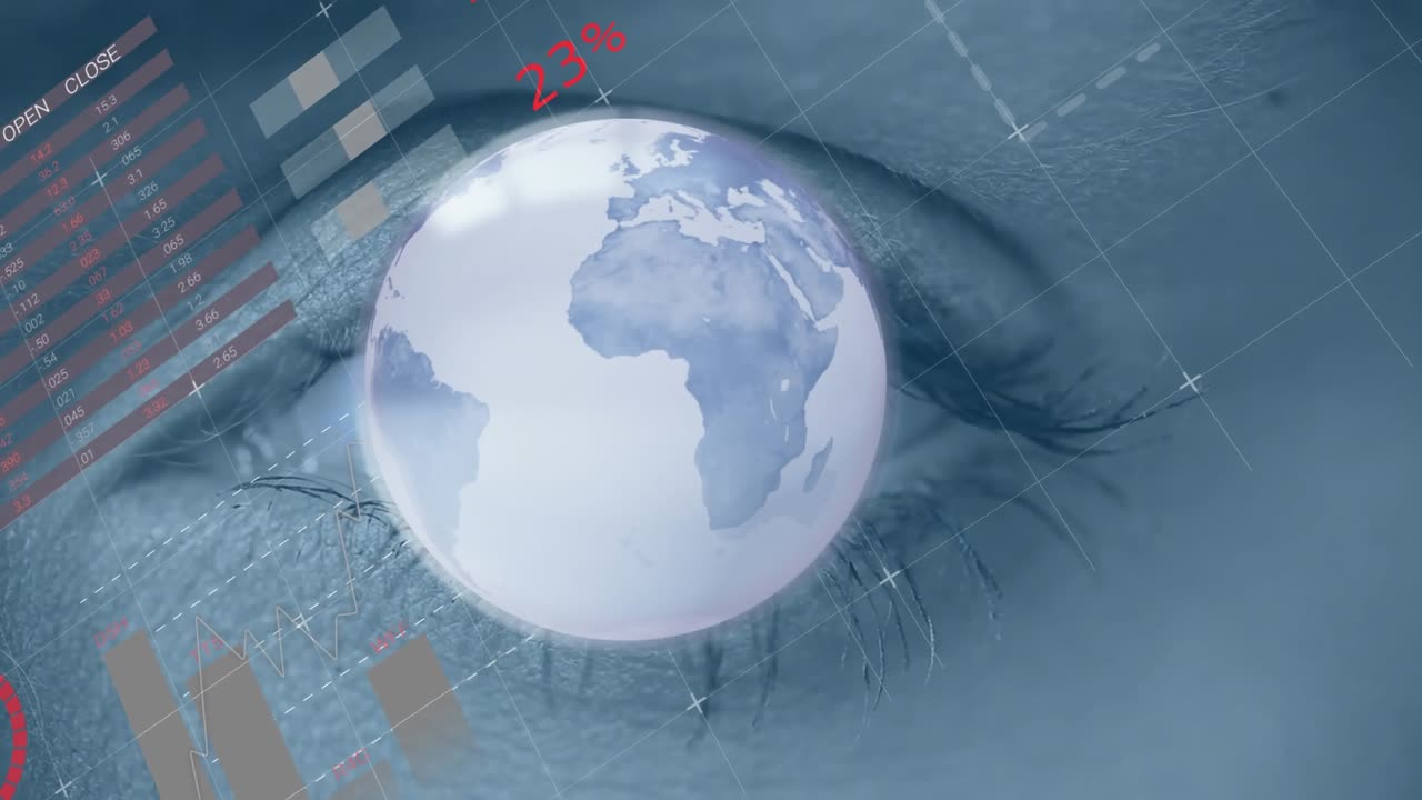 Olho escaneando fechado, globo crescendo, HUD mudando, valores de % aparecendo, olho abrindo para mostrar dados