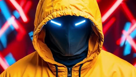 a man in a yellow jacket with a hood and a blue light on his face