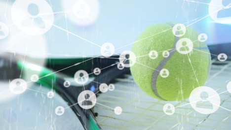 animación de la red de conexiones con iconos sobre la raqueta de tenis y la pelota