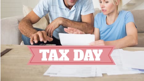 animation of tax day text over worried caucasian man and woman paying bills