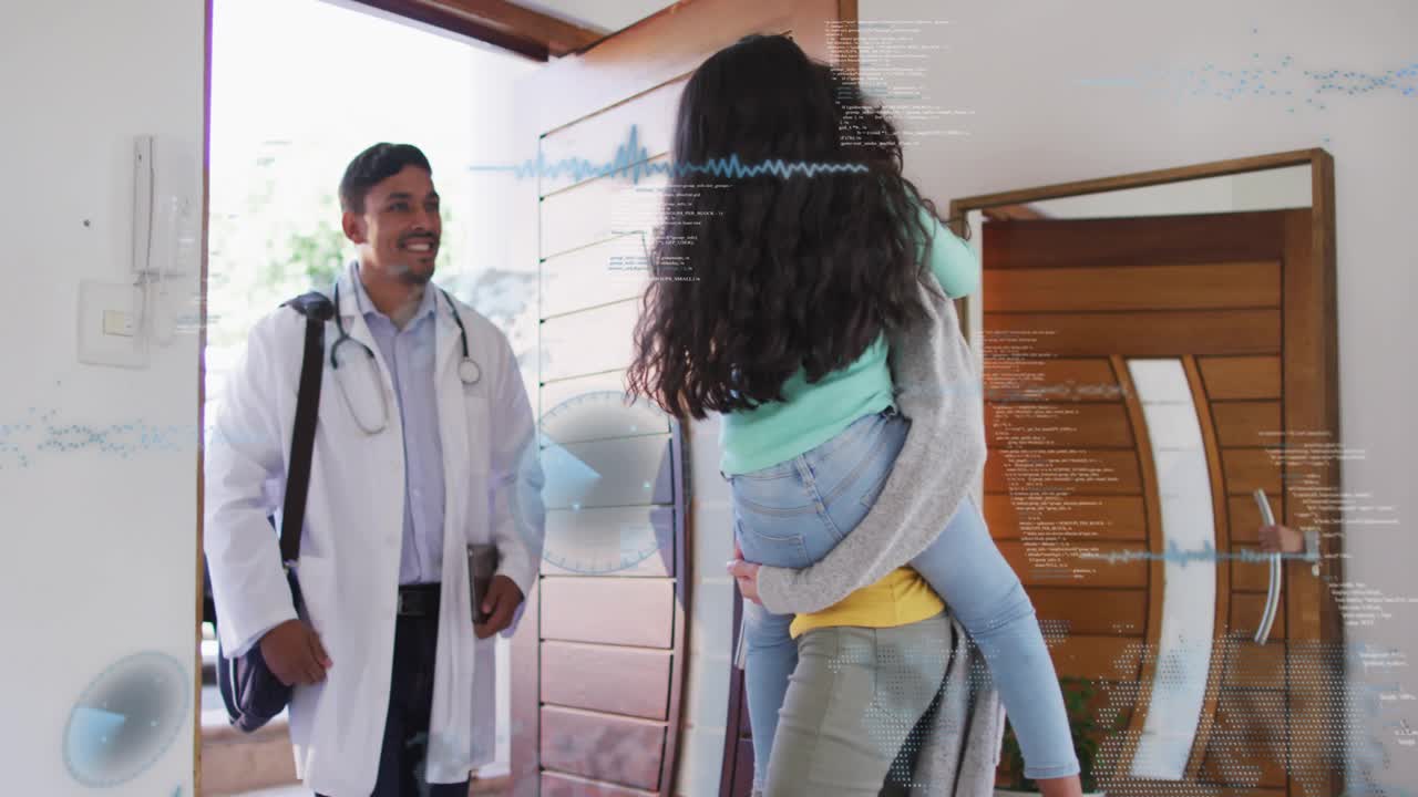 Doctor entering home as door opening, mother holding child, showing animated health chart on tablet