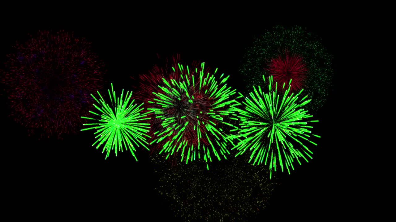 animación de coloridos fuegos artificiales de navidad y año nuevo que explotan en el cielo nocturno