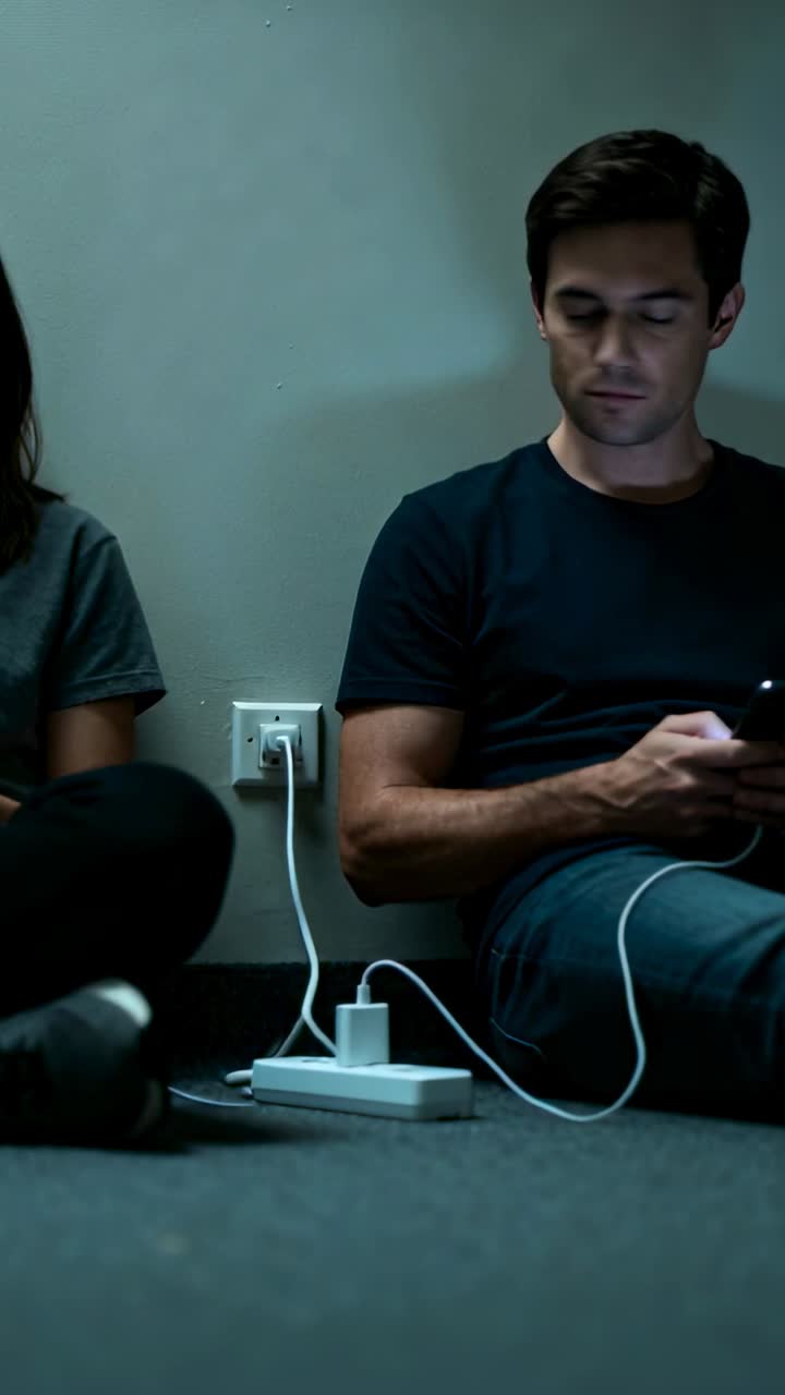 Vertical video: Man charging smartphone and scrolling while sitting on carpet, tech showing cable