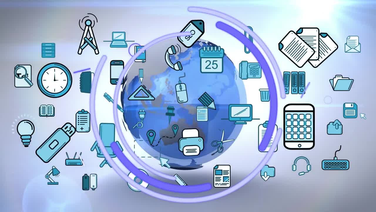 animación de iconos en el globo sobre fondo blanco.