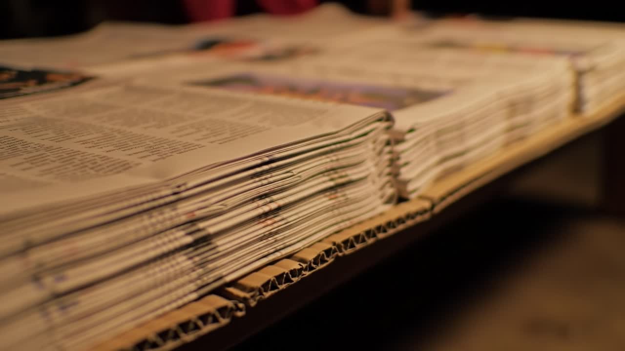 A Detailed Look at Stacked Newspapers Showing Newsprint, Headlines, and Magazine Layouts Captured in Low-Light Conditions, Highlighting the Craft of Print Media