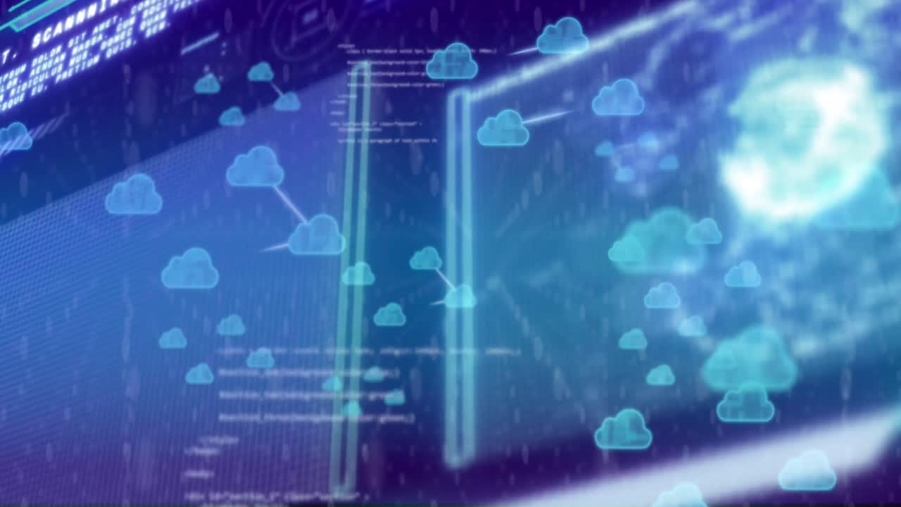 클라우드 아이콘의 애니메이션 및 스크린을 통해 데이터 처리