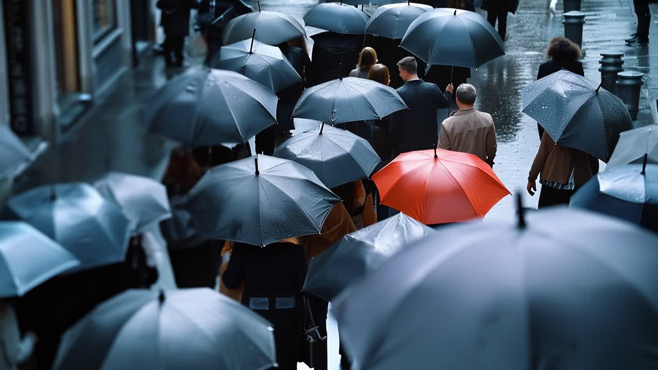 Piove mentre le persone camminano con ombrelli grigi. Un ombrello rosso brillante spicca tra di loro. Una figura solitaria cammina tra la folla sotto la pioggia. Nessun volto è visibile, le emozioni restano nascoste.