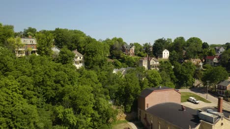 Beautiful-Aerial-View-of-Classic-Brick-Church-in-Galena,-Illinois