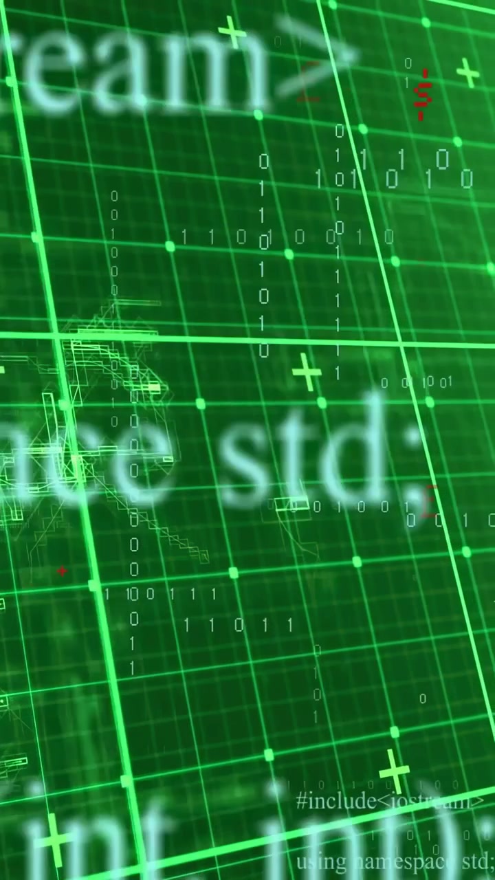 Vertical video: On scan green HUD grid tilting, pulsing targets, streaming binary for diagnostics