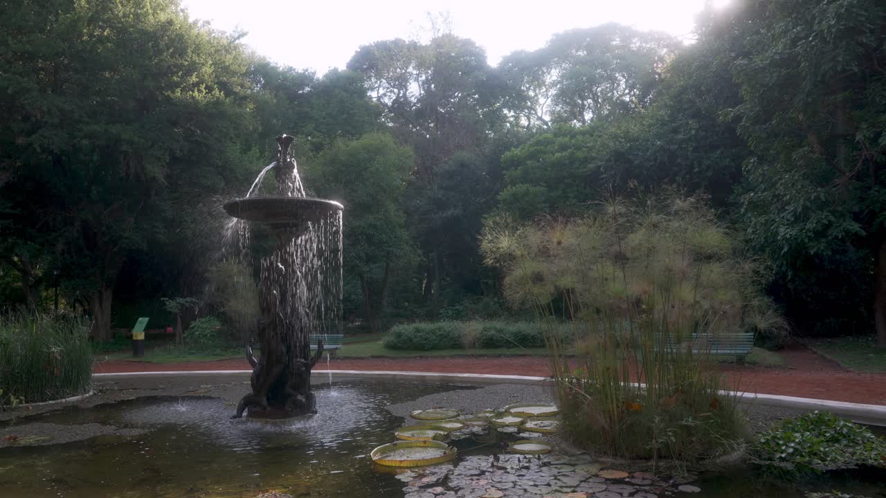 fuente decorativa en el jardín botánico de buenos aires en una tarde soleada