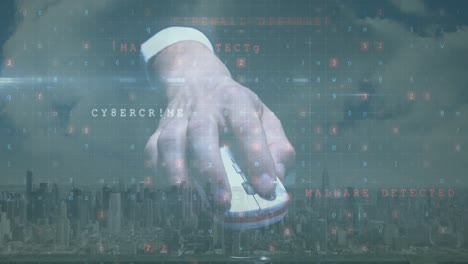 Animation-of-cyber-attack-warning-with-hand-holding-computer-mouse-over-cityscape