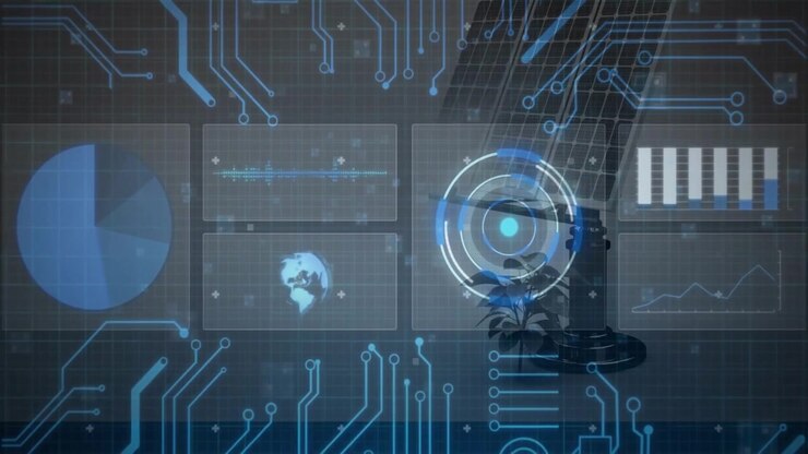 Animation of futuristic digital interface with data charts over cityscape