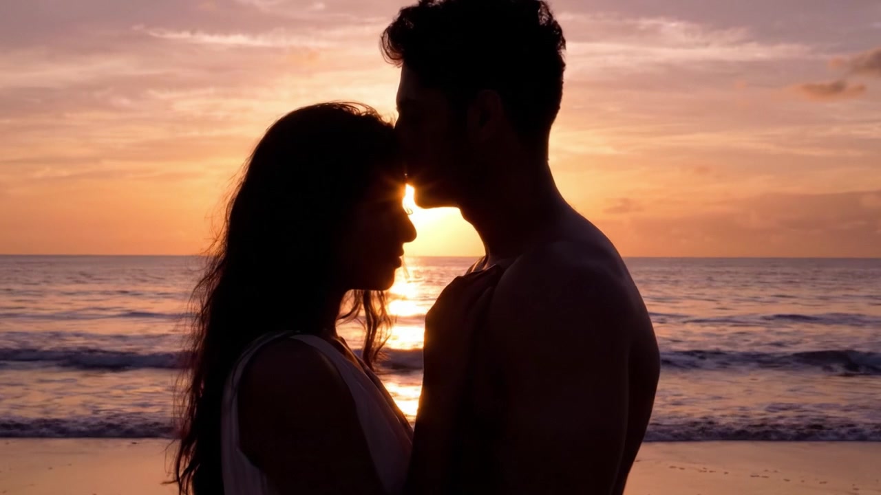 Romantica silhouette di una coppia che si tiene per mano al tramonto sulla spiaggia, catturando l'essenza dell'amore e dell'unione in un sereno paesaggio costiero.