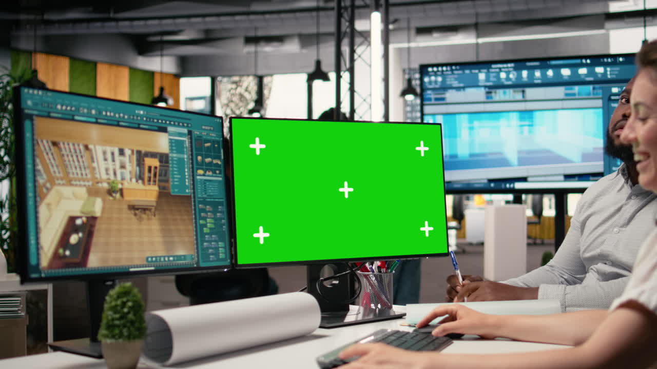 Property experts working on renovation plans with isolated screen on pc