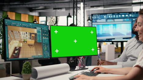 property experts working on renovation plans with isolated screen on pc