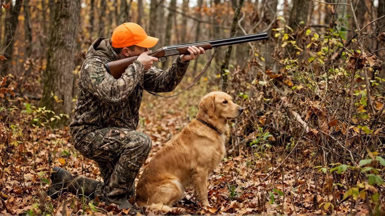 Cacciatore e golden retriever inginocchiati nella foresta autunnale