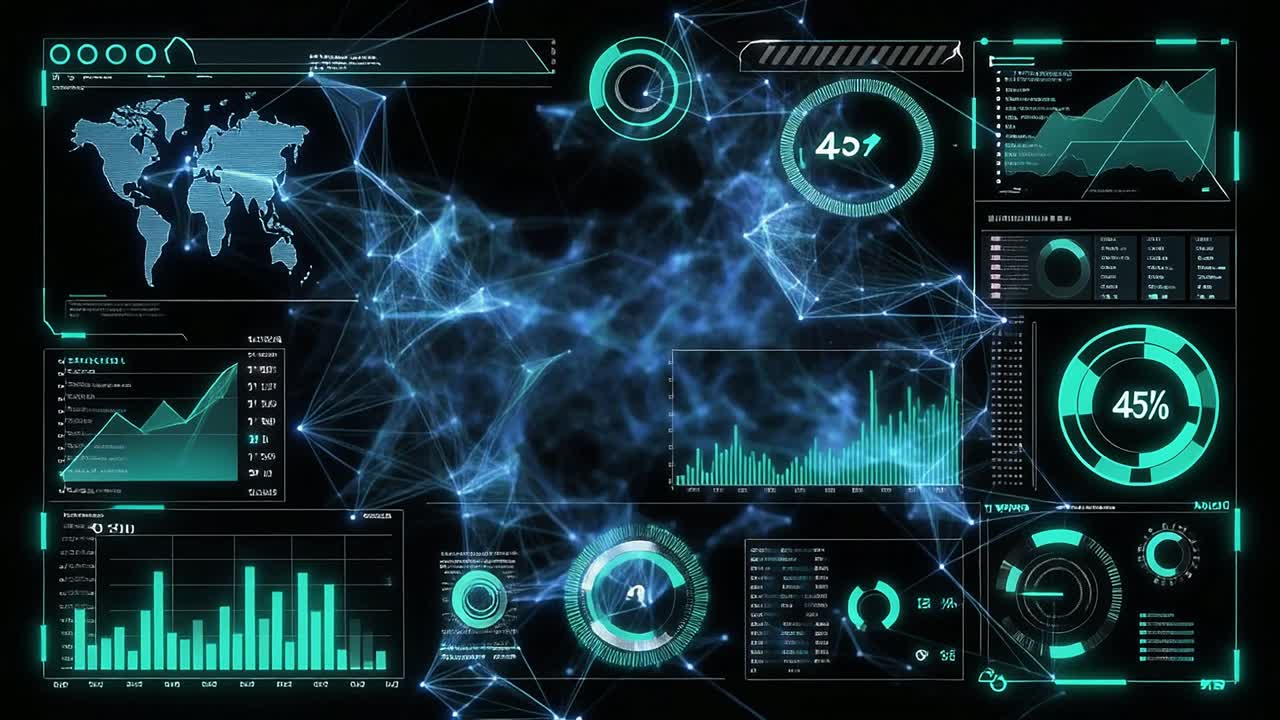 Futuristic Digital Interface with Data Visualization and Network Connections