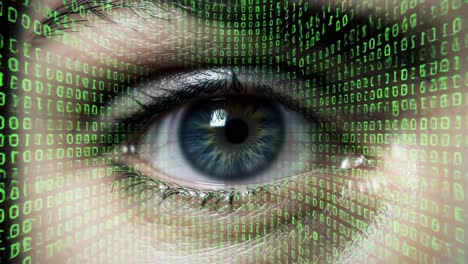 a close-up of an eye observing a digital world: the intricate connection of vision and technology represented by binary code overlays