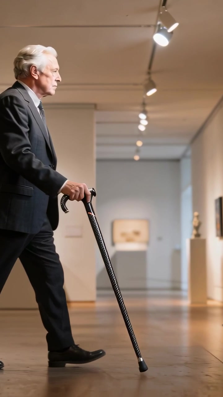 Video verticale: Uomo anziano in abito che cammina in galleria, con bastone, che legge un'etichetta, spazio per il testo
