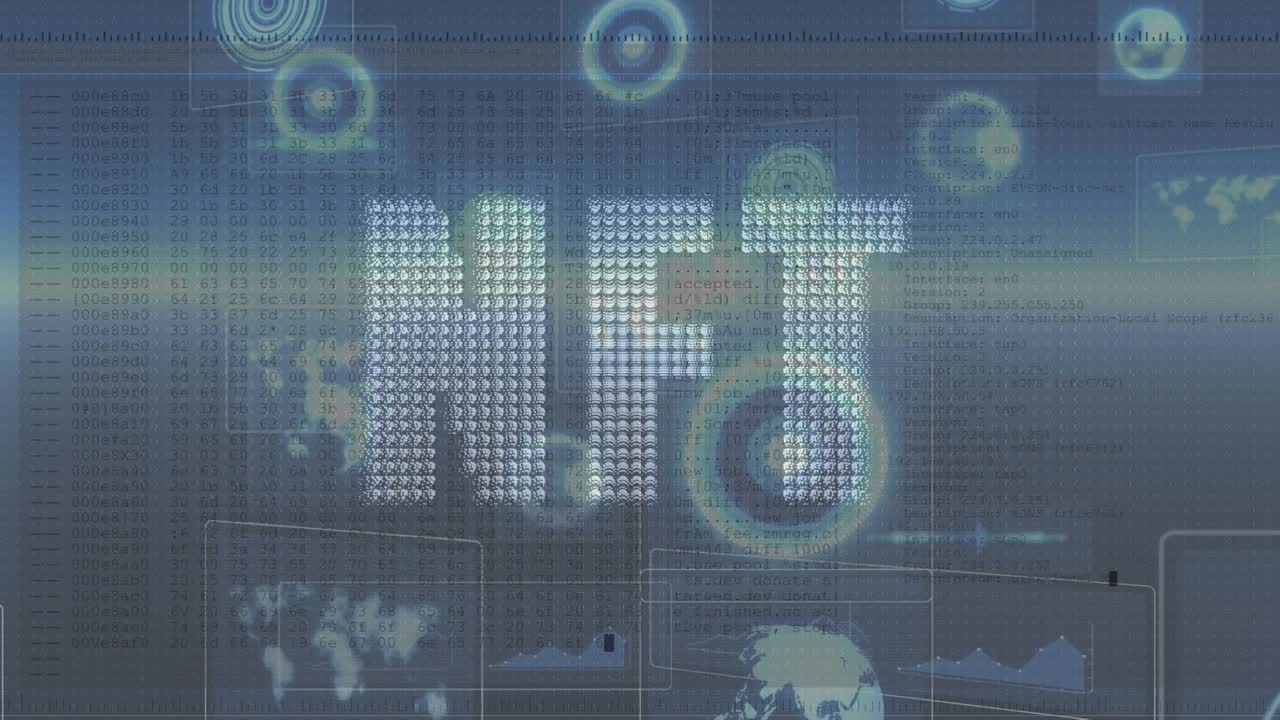 Animation of nft text over data processing and scope scanning