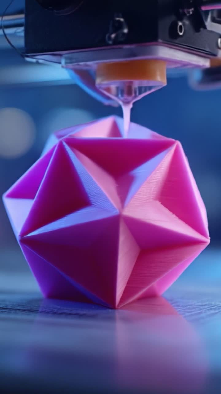 Captivating Moments of a 3D Printer Creating a Stylish Pink Geometric Sculpture: A Close-Up of the Printing Process Captured in Two Frames