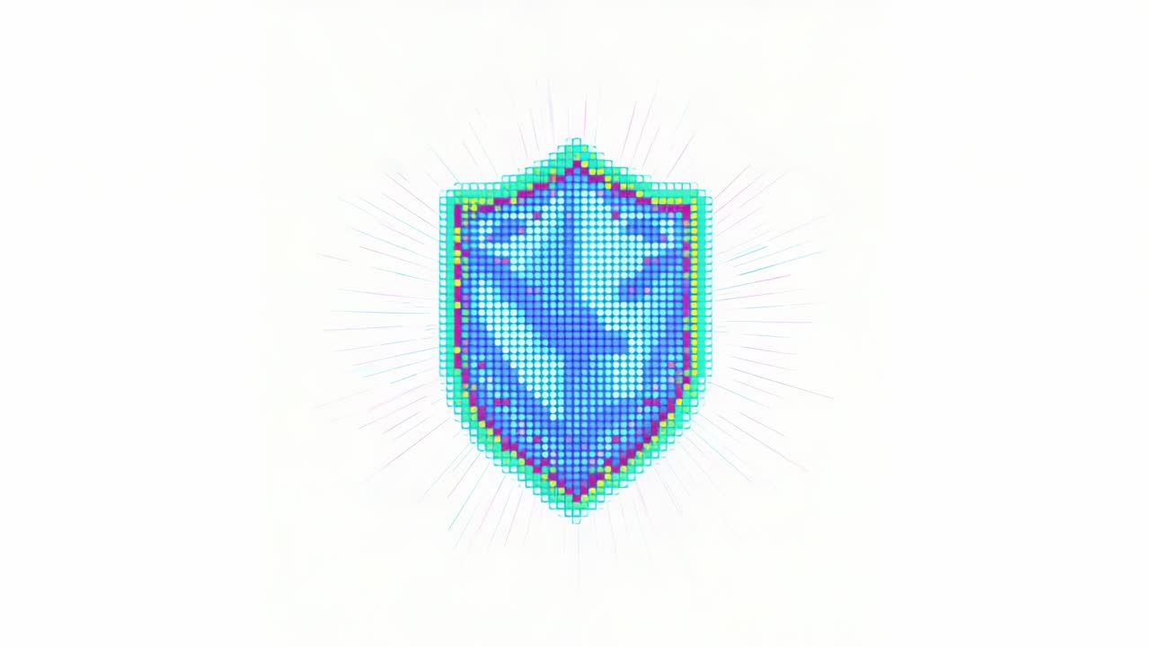 Growing pixel-art shield glowing from pixel lights on white backdrop blue grid, cyan border, red