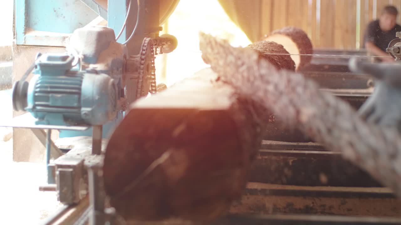 máquina de serragem em fábrica de produção de madeira. processamento e corte de material madeireiro em serraria. processo de fabricação em serrarias. máquina de serragem circular automática
