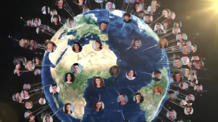 Una rete globale di connessioni evidenziata su una Terra rotante, che mostra diversi volti e personalità collegati tra loro attraverso i continenti