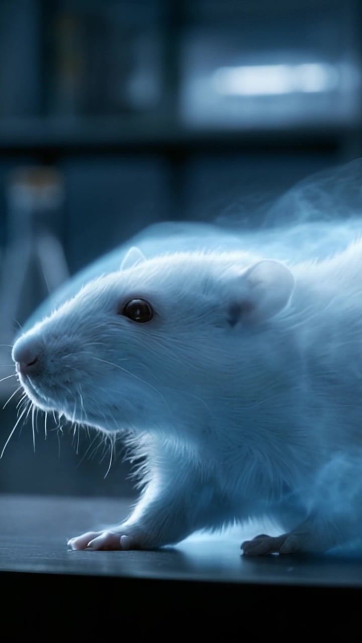 Un'esplorazione mistica di un roditore bianco in un ambiente etereo, che cattura le complessità del movimento e della luce con enigmatiche tonalità blu.