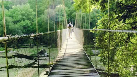 adventurer photographer walk away from camera, crossing supension rope bridge surrounded by lush vegetation