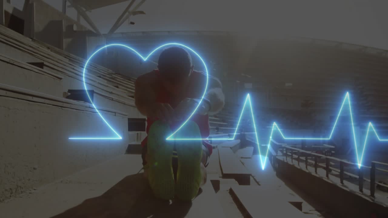 Man doing sit-ups on bleachers starting movement causing ECG heart graphic pulsing, showing fitness