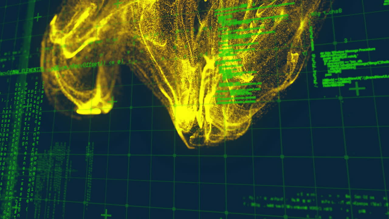 Forming dynamic patterns, glowing yellow shapes over dark green background animation