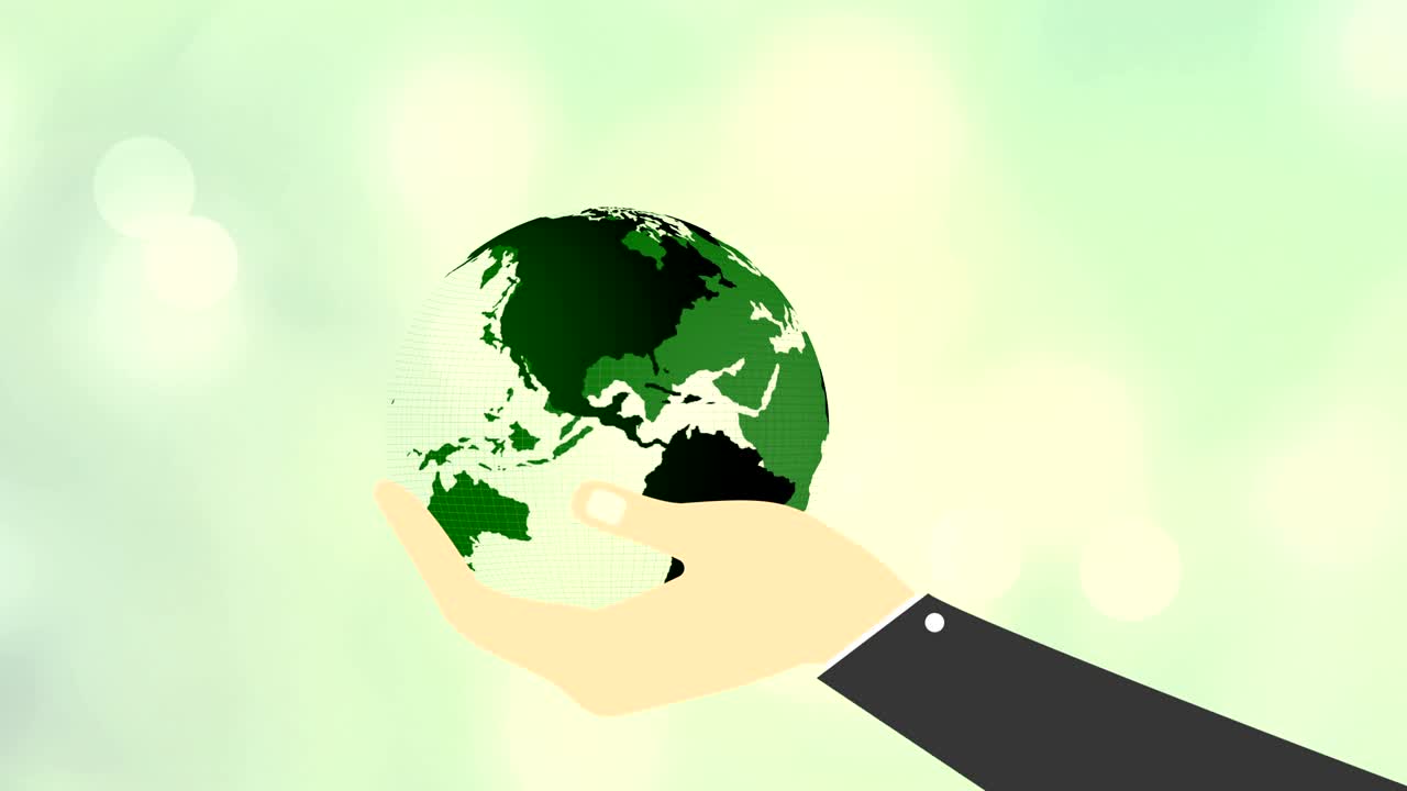día de la tierra. planeta tierra en movimiento. mano sostiene el mundo. fondo verde claro. video 4k