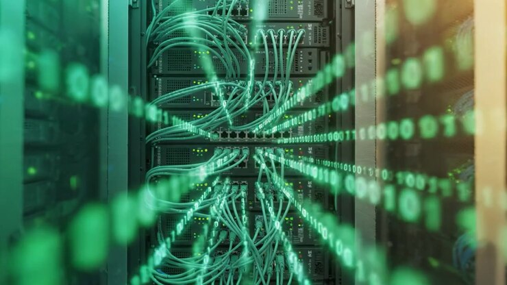 Un centro dati ad alta tecnologia pieno di rack di server e cavi di rete organizzati, che mostra infrastrutture tecnologiche avanzate e soluzioni di connettività.