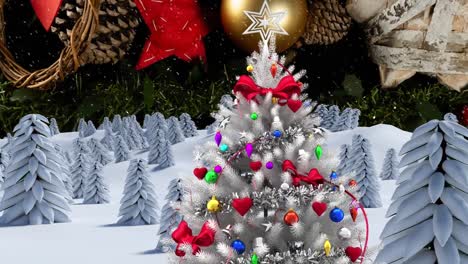 Animation-of-christmas-tree,-decorations-and-snow-falling-over-winter-scenery