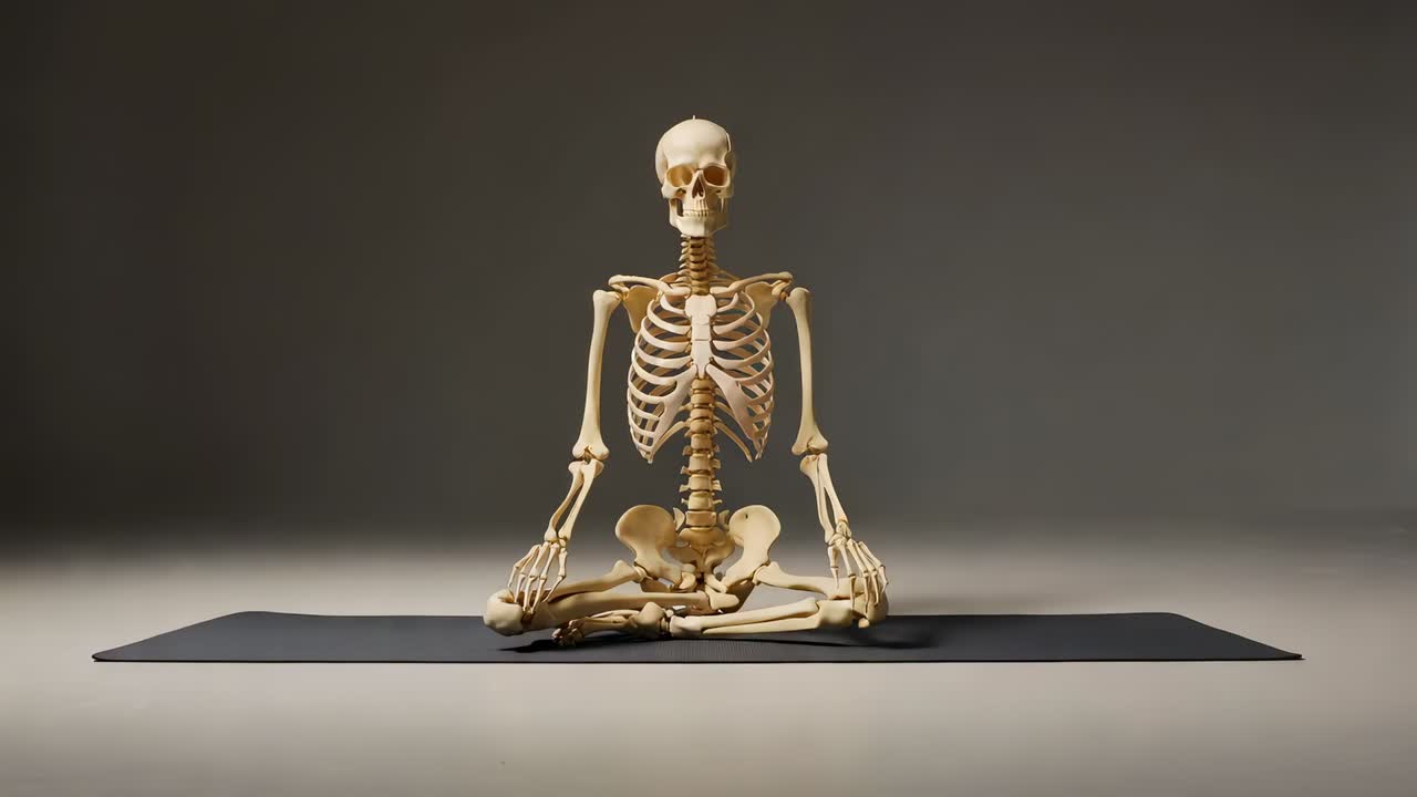 Camera pushing in, skeleton model settling forward, adjusting wrists and legs on dark mat for study