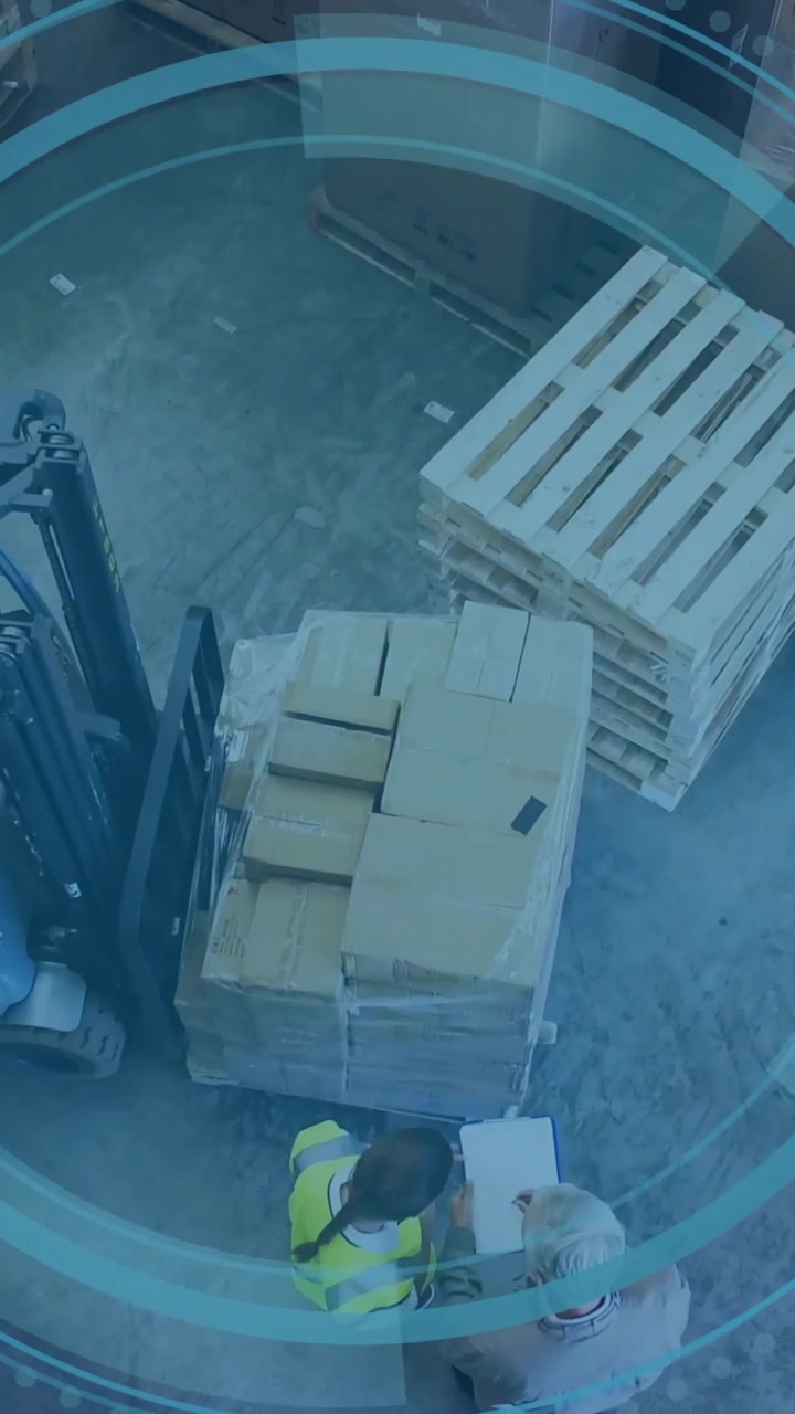 Video verticale: Personale del magazzino che controlla un pallet mentre riceve e firma documenti, con un anello blu che appare.