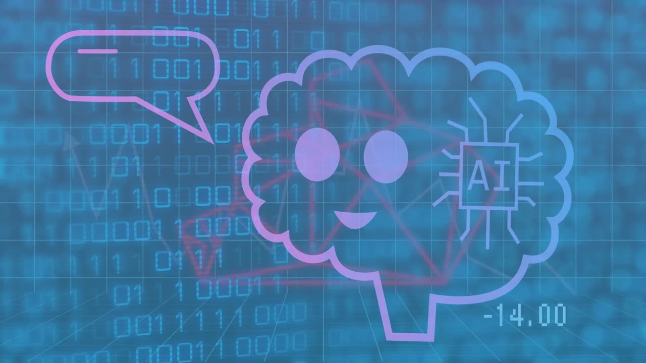 추상적인 배경에 대한 바이너리 코드를 루프하는 애니메이션 뇌에서 ai 텍스트의 애니메이션