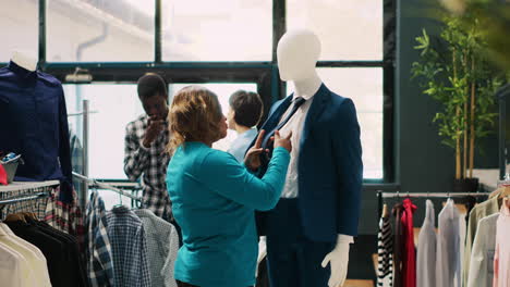 woman checking blue suit