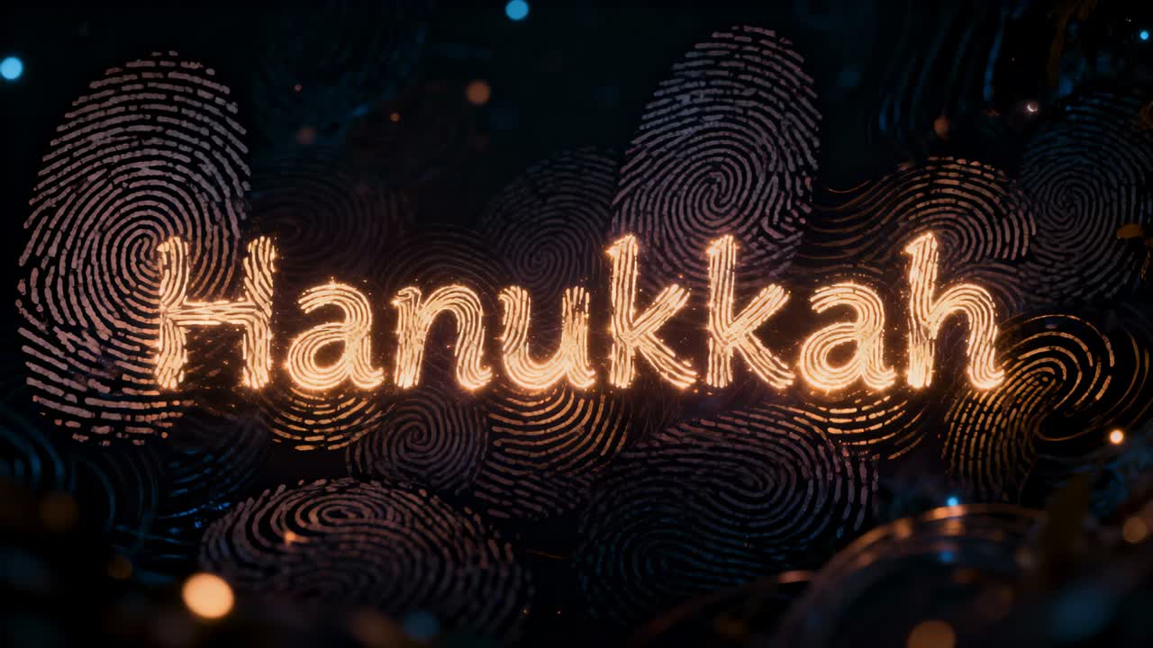 Animating glowing Hanukkah text brightening in CG render with fingerprint swirls and floating orbs