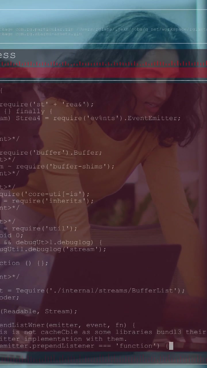 woman leaning over laptop and pointing, causing code overlay scrolling, aiding software debugging