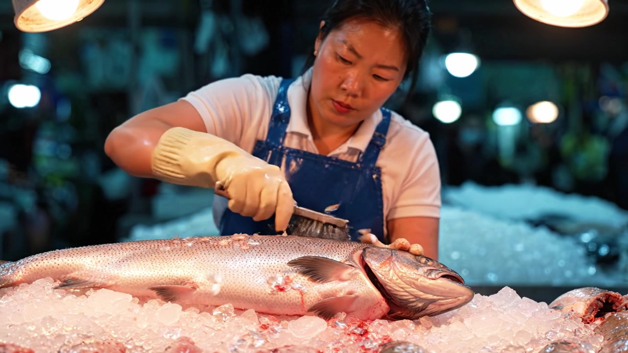 Skilled Fishmonger Preparing Fresh Salmon in a Vibrant Seafood Market Under Bright Lights, Showcasing the Art of Fish Preparation and Culinary Craftsmanship