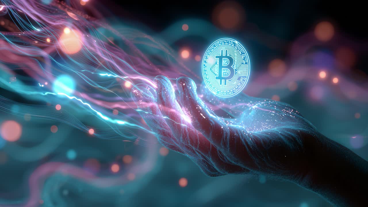 Mano digitale che sorregge una moneta Bitcoin olografica rotante, circondata da flussi di energia, a rappresentare il futuro delle criptovalute, della tecnologia blockchain e della finanza decentralizzata