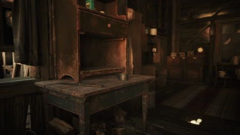a rustic wooden table with an old cabinet in a dimly lit workshop